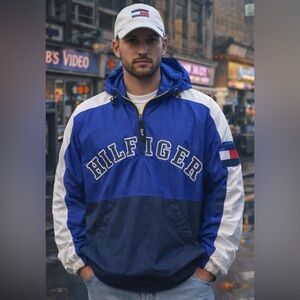 🔥 Vintage 90s Tommy Hilfiger Jeans Spell-Out Anorak Windbreaker Jacket Men’s L 🔥